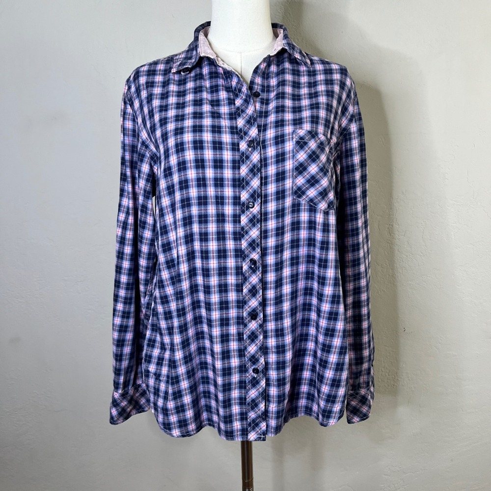 Victoria Secret Button Up Flannel Shirt Silk Trim Medium Navy Pink Plaid Cotton